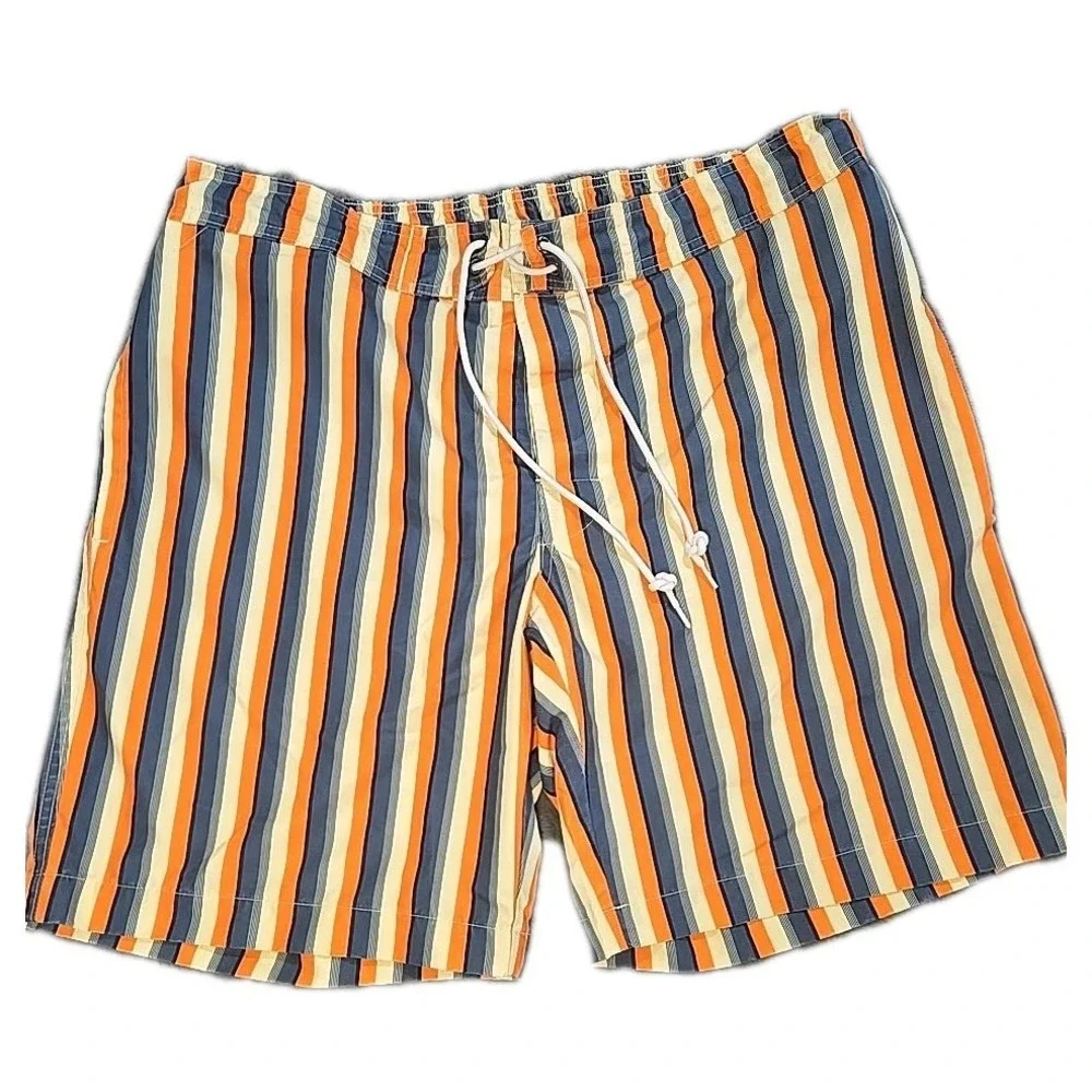 St. John's‎ Bay Mens XL Swim Trunks Orange Blue Striped Elastic Drawstring Lined